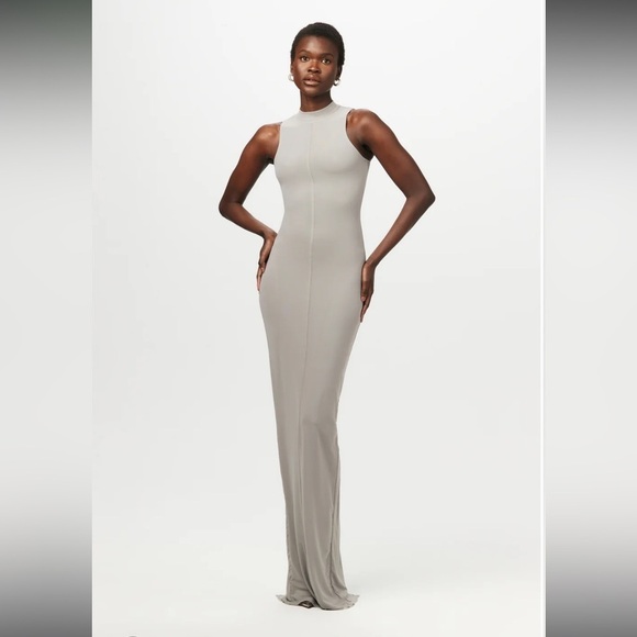 NEW Naked Wardrobe Light Gray Snatched Mesh Sleeveless Maxi Dress With Back Slit - Picture 2 of 7